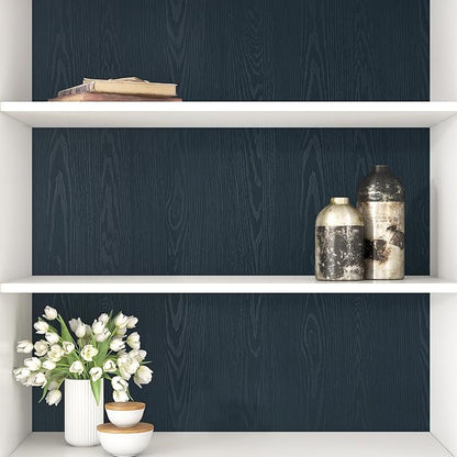 Wallercity Navy Blue Wood Grain Countertop Contact Paper Waterproof 15.8"x236" Kitchen Wallpaper Wood Contact Paper Peel and Stick Counter Top Wrap Faux Wooden Wallpaper for Bedroom Cabinet Vinyl