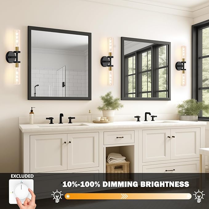 Bathroom Light Fixtures, 2-Light Black and Gold Bathroom Vanity Lighting Over Mirror, Modern Wall Sconces Set of 2 with Clear Glass, Indoor Hardwired Wall Lamp for Bedroom, Living Room, Hallway