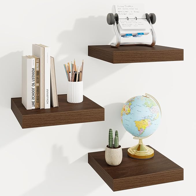 Square Floating Shelves for Wall, 9.25"W x 9.25"D x 1.25"H, 3 Pack Small Wall Mounted Engineered Wood Shelves with Invisible Brackets for Living Room, Bedroom, Bathroom, Kitchen Decor, Walnut
