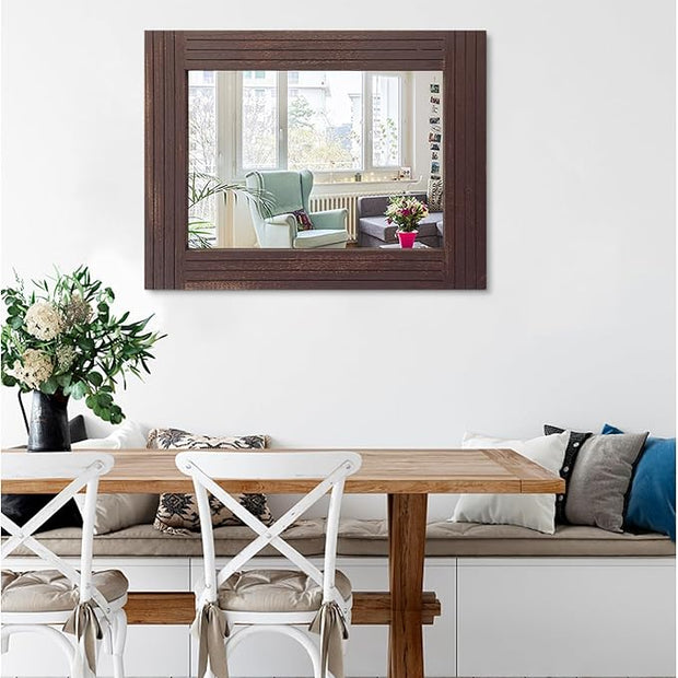 Wood Wall Mirror Rectangular Framed Rustic Vintage Mirrors Decor Farmhouse Bedroom Bathroom Mirror for Dressing Table Entrance Large 26"x18" Brown