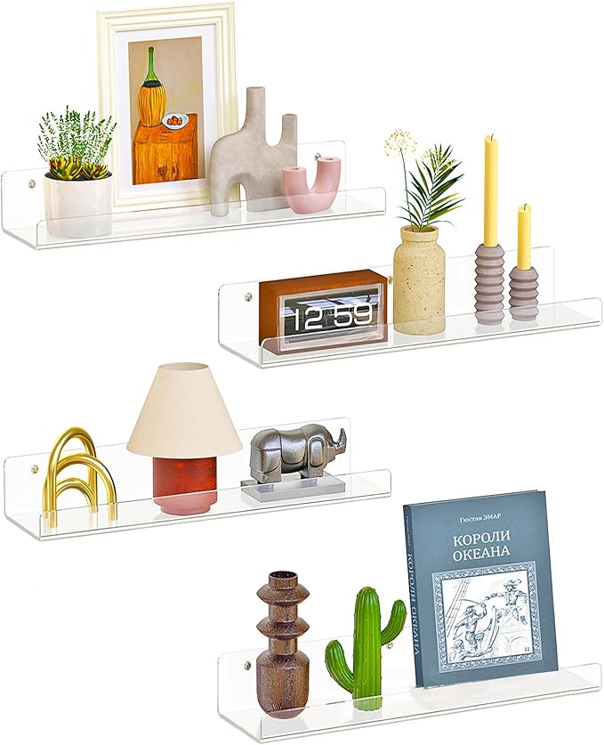 4 Pack Floating Shelves for Wall, 15" Clear Book Shelf, Acrylic Floating Wall Shelf, Display Shelves Organizer for Bathroom, Classroom, Bedroom, Living Room, Kitchen, Room Decor