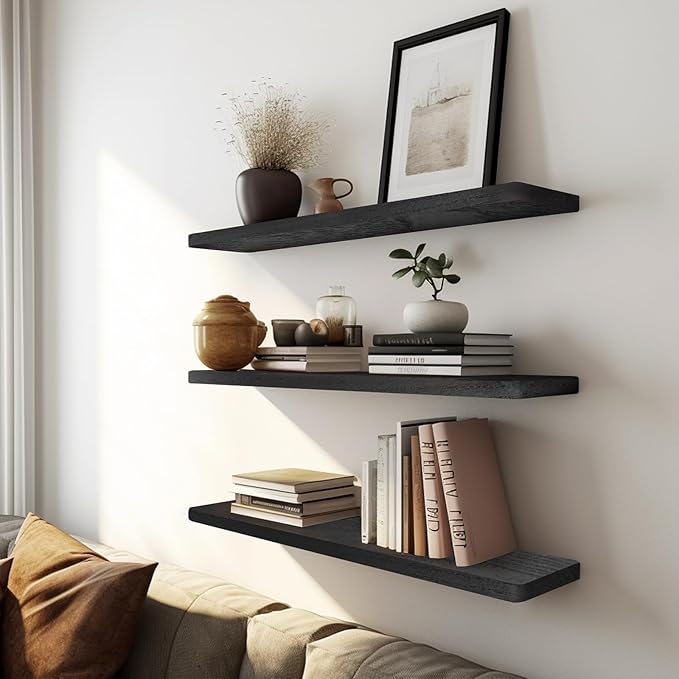 Floating Shelves 16 in, Set of 3 Solid Rustic Wood Wall Mounted Shelves, Wall Picture Ledge Shelf with Invisible Metal Brackets for Living Room, Bedroom, Bathroom, Black