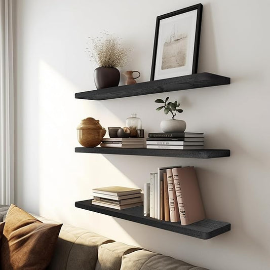 Floating Shelves 16 in, Set of 3 Solid Rustic Wood Wall Mounted Shelves, Wall Picture Ledge Shelf with Invisible Metal Brackets for Living Room, Bedroom, Bathroom, Black