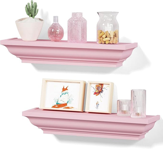 Alsonerbay Floating Shelves Wall Mounted Set of 2, Rustic Shelves for Wall Storage, 17 Inch Wood Shelves for Bedroom Living Room Bathroom, Pink