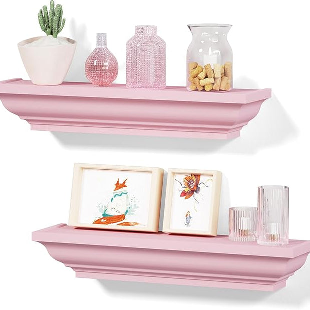 Alsonerbay Floating Shelves Wall Mounted Set of 2, Rustic Shelves for Wall Storage, 17 Inch Wood Shelves for Bedroom Living Room Bathroom, Pink