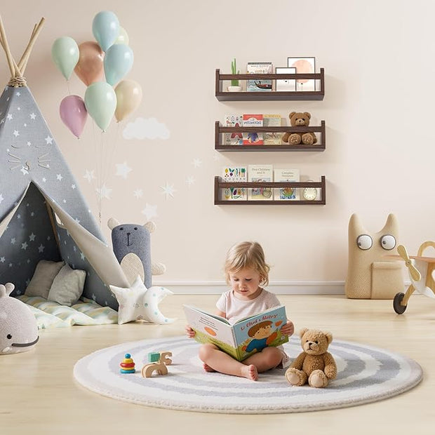 Floating Wall Nursery Book Shelves for Bedrooms Kids 16.5 Inch Walnut Color Wooden Baby Book Shelf for Kids Rooms Set of 3 Nursery Shelves for Wall Mounted Toddler Bookshelf