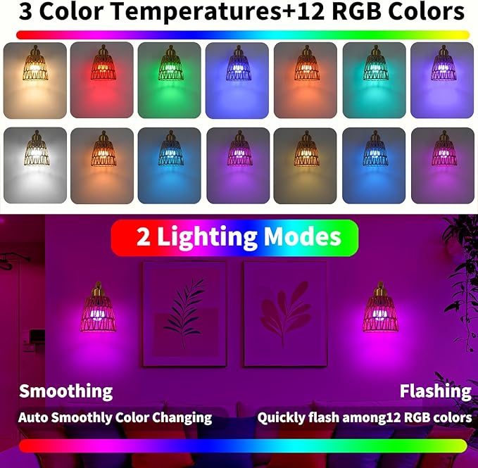 Battery Operated Wall Sconce Set of 2, Gold Battery Wall Sconces, USB Rechargeable Wall Lights with 2500mAh Dimmable Bulbs and Remote, RGB 15 Colors Wireless Wall Lamps for Bedroom Living Room Hallway