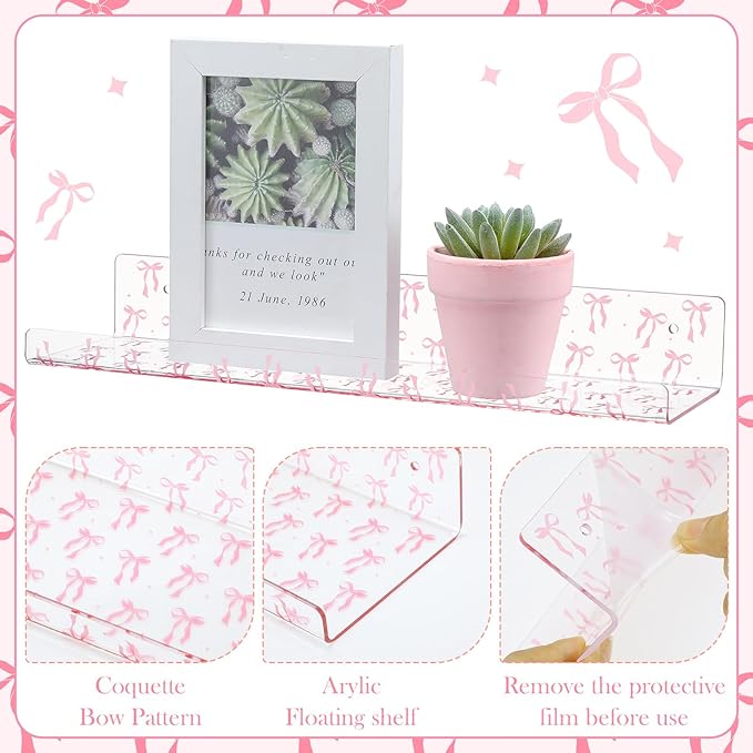 Honeydak 2 Pcs Pink Bow Acrylic Floating Shelves 15 Inch Coquette Acrylic Wall Shelves Pink Bow Display Wall Mounted Bookshelf for Bathroom Bedroom Living Room Kitchen Room Decor