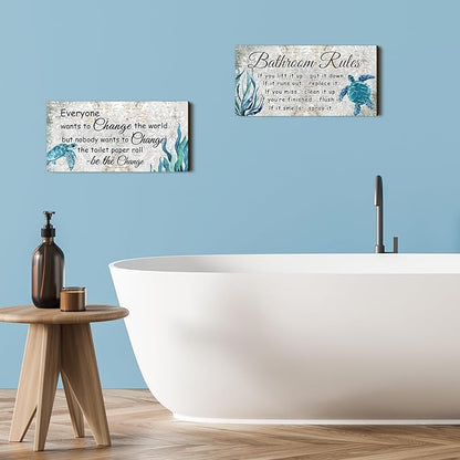Jetec 2 Pieces Funny Bathroom Signs Bathroom Wall Decor Toilet Wall Accessories Farmhouse Toilet Rustic Wooden Signs, 12x6 Inch(Sea Turtles Style)
