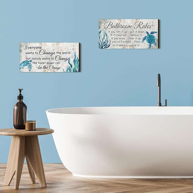 Jetec 2 Pieces Funny Bathroom Signs Bathroom Wall Decor Toilet Wall Accessories Farmhouse Toilet Rustic Wooden Signs, 12x6 Inch(Sea Turtles Style)