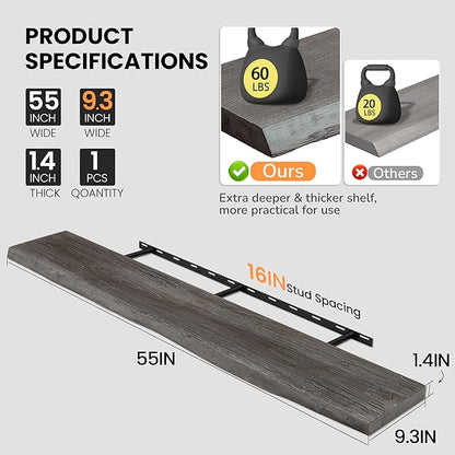 Fun Memories Floating Shelves for Wall, 55"x9.3" Rustic Solid Live-Edge Elm Wood Wall Shelves, Heavy-Duty Floating Shelves with Invisible Brackets for Living Room, Bedroom, and Kitchen, Grey Finish