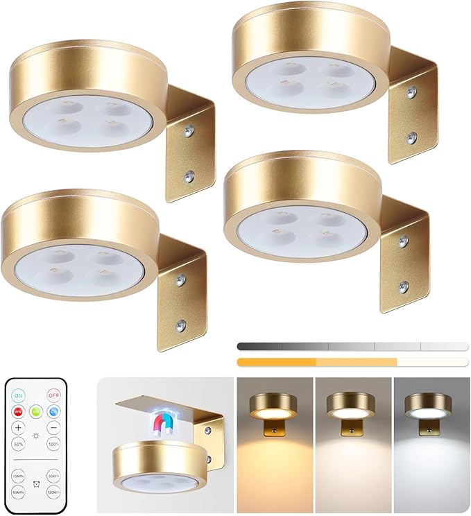 4-Pack Picture Light Battery Operated Painting Lights for Wall, Magnetic LED Display Art Light with Remote, Dimmable and Timer Portrait Light for Art Frame Artworking, Wall Decor Puck Light