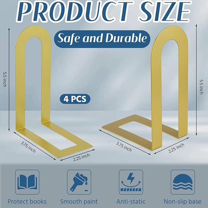 Chunful 4 Pcs Modern Metal Book Ends for Shelves Decorative Small Bookends Book Shelf Organizer Minimalist Design Stopper to Hold Books for Home Office (Gold,5.5 * 3.75 * 2.25inch)