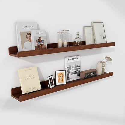 Floating Shelves for Wall 36 Inch - Wood Picture Ledge Shelf Set of 2 - Dark Wood Wall Shelves with Lip - Walnut Picture Shelf Photo Ledge