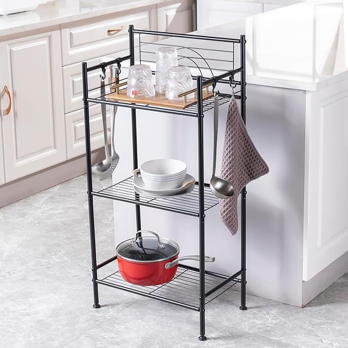 L&H UNICO 3-Tier Free Standing Wire Rack Durable Metal Shelving Storage Unit with Adjustable Feet 4-Hook for Bathroom Laundry Kitchen Office, Black