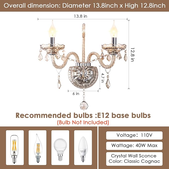 Crystal Wall Sconce Candle Sconces Elegant Classic Wall Light Decor Set of 2 Perfect Hang on The Wall for Living Room Bathroom Entryway Hallway Hotel Galleries Exhibition Room