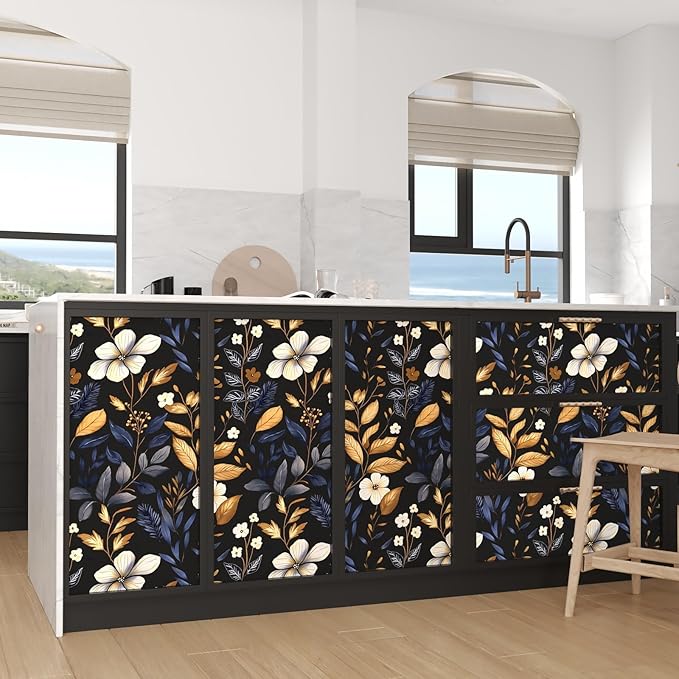 Blue/Gold Leaf Wallpaper Peel and Stick Vintage Dark Floral Wallpaper Waterproof Self Adhesive Removable Boho Wall Paper Modern for Bedroom Walls Drawer Cabinet 17.5in x118in