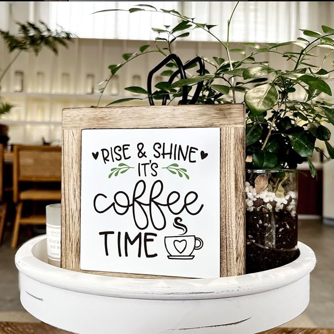 Rise & Shine Coffee Decor Set - Rustic Wooden Table Sign, Farmhouse Style, Coffee Station Decor