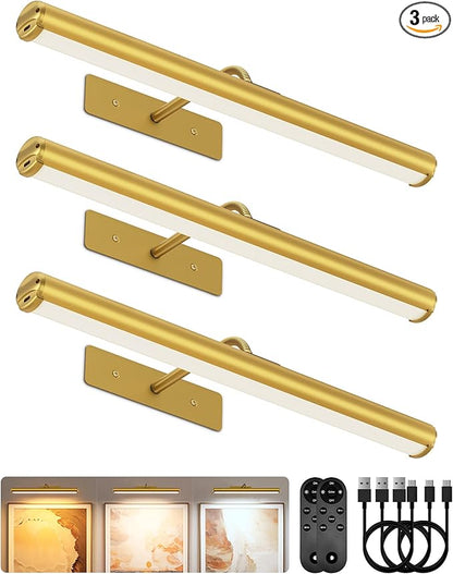 EZVALO 16'' Picture Lights for Wall, Rechargeable 6000mAh Painting Lights with Remote, Wireless Dimmable 3 Color Temperatures Art Lights for Gallery, Living Room, Hallway (Gold, 3 Pack)