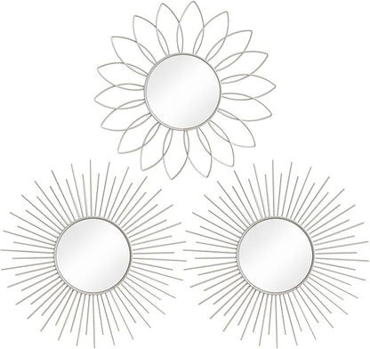 3 Pack Metal Mirrors for Wall Sunburst Wall Mirrors Home Décor Decorative Hanging Wall Art for Living Room Bedroom Entryway (White, Flower+Sunburst)