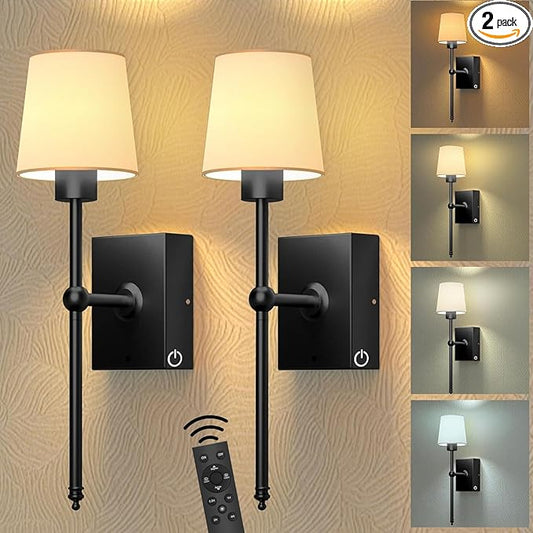 iThird Rechargeable Battery-Operated Wall Sconces Set of 2: Black Wireless Wall Lights with Touch and Remote, 6000mAh Battery Powered Scone Lighting Cordless Wall Lamp for Bedroom Living Room Hallway