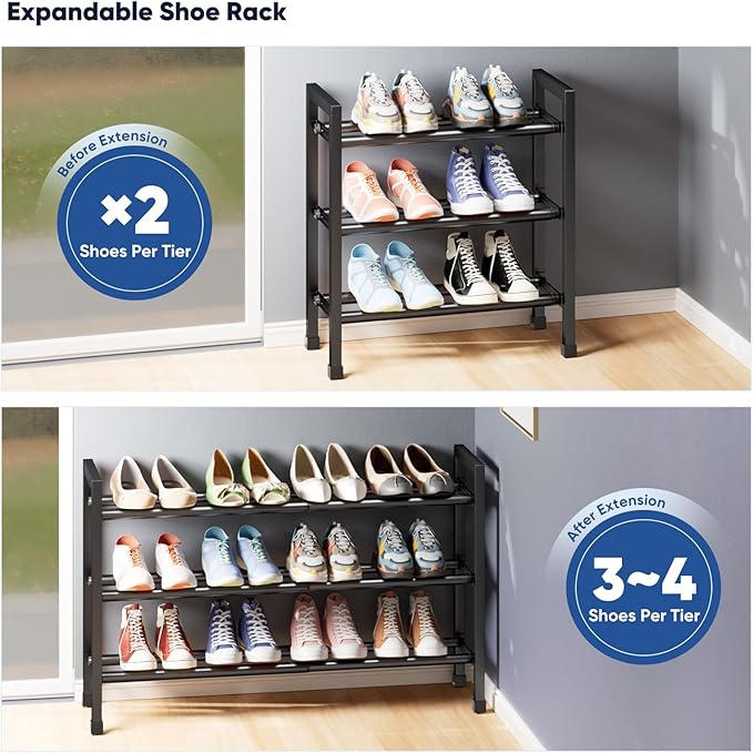 Abiglifty 3-Tier Expandable Shoe Rack,17"-33" Adjustable Shoe Rack for Closet,Metal Shoes Shelves for Front Door Entrance, Garage & Corridor, Free Standing Shoe Holders, Easy to Assemble,Black