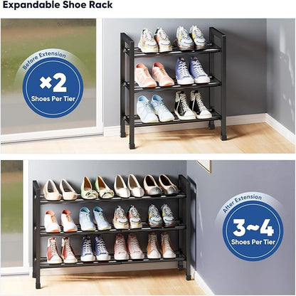 Abiglifty 3-Tier Expandable Shoe Rack,17"-33" Adjustable Shoe Rack for Closet,Metal Shoes Shelves for Front Door Entrance, Garage & Corridor, Free Standing Shoe Holders, Easy to Assemble,Black