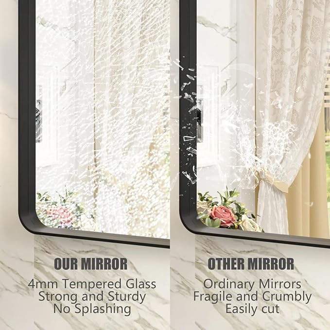 60x40 Inch Black Metal Framed Bathroom Mirror for Wall, Large Rounded Rectangle Mirror, Matte Black Bathroom Vanity Mirror, Anti-Rust, Shatterproof, Hangs Horizontally or Vertically