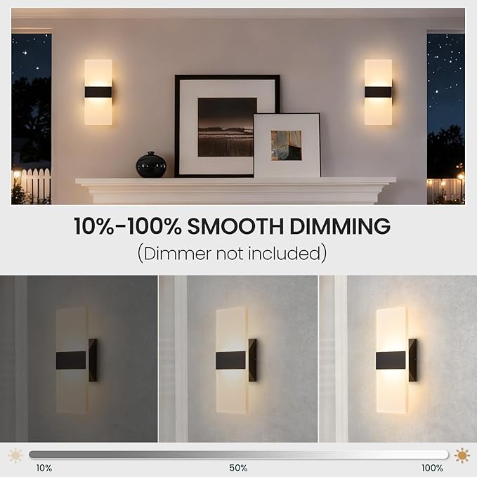 Modern LED Wall Sconce, 5CCT Dimmable Black Wall Lights, 12W 800LM 2700K-5000K Adjustable, Hardwired Indoor Up and Down Acrylic Wall Light Lighting for Living Room Bedroom Hallway, ETL