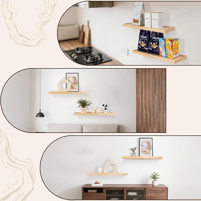 24 inch Bathroom Floating Shelves for Wall - Natural Solid Wood Over Toilet Shelves Set of 2 Decoration for Living Room Bedroom Kitchen Farmhouse 24x6.7 inch - Natural