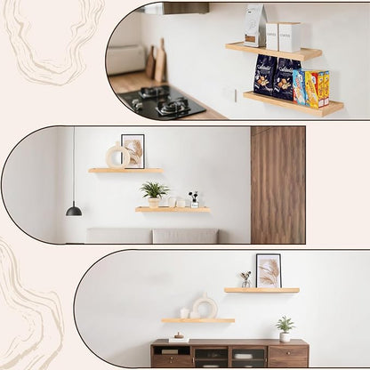 24 inch Bathroom Floating Shelves for Wall - Natural Solid Wood Over Toilet Shelves Set of 2 Decoration for Living Room Bedroom Kitchen Farmhouse 24x6.7 inch - Natural