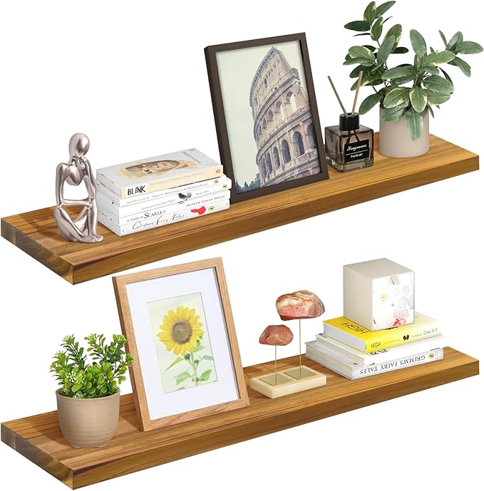 Teak Wood Floating Shelves Perfect for Bathroom Décor Pack of 2 Wooden Wall Shelves for Bedroom Living Room Kitchen Simple Minimalist Home Décor 30” x 6.7”