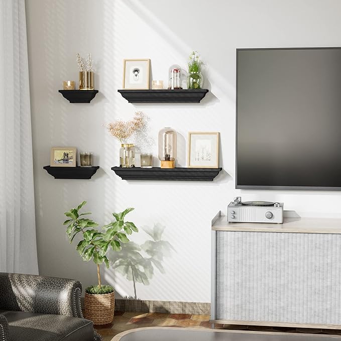 SRIWATANA Black Floating Shelves, Solid Wood Storage Wall Shelves Set of 4 Display Ledge Shelves Decor for Bedroom, Living Room, Bathroom, Kitchen - Black