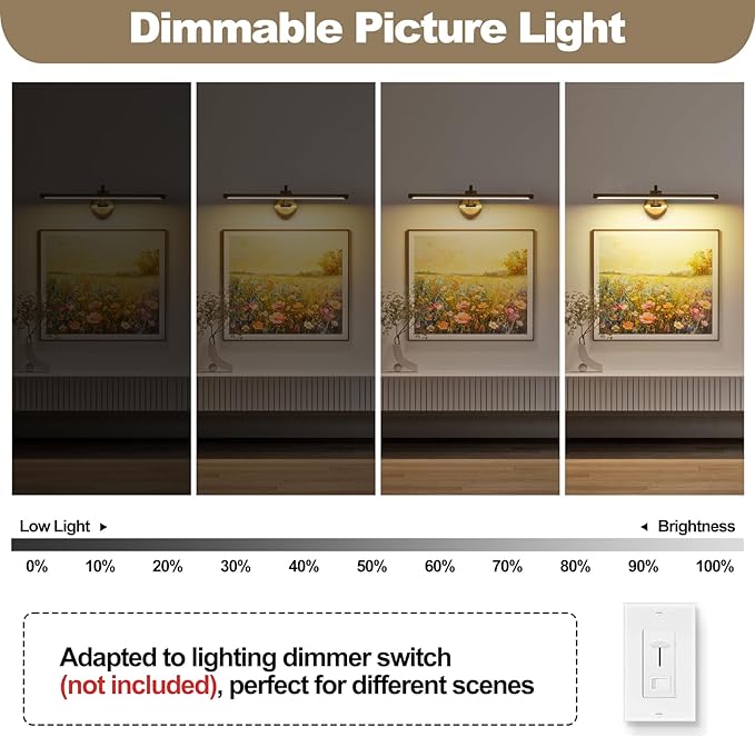 Hard-Wired Picture Lights 23.62 Inch Dimmable LED Wall Art Lighting Modern Brass Gallery Light Poster Lights Adjustable Swing Arm Picture Frame Light For Display Art Work,14W,2700K, Warm White