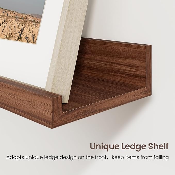 Axeman Picture Ledge Shelf | 16 Inch Walnut Floating Shelves Set of 3 | Rustic Wood Wall Shelves with Lip | 16" Walnut Picture Shelf for Wall with Ledge | Photo Shelves
