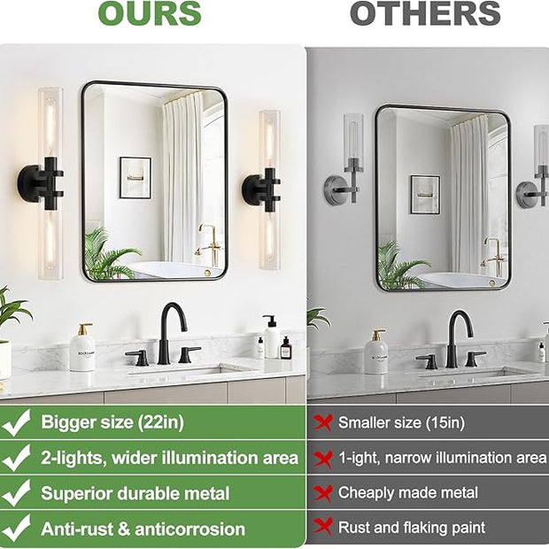 Matte Black Wall Sconces, Bathroom Sconces Wall Lighting with Clear Glass, Modern Sconces Wall Light fixtures for Bathroom Mirror Living Room Hallway Bedroom