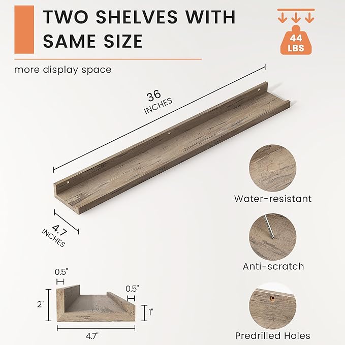 Picture Ledge Shelf, Floating Shelves Set of 2, 36 Inches Long Large Nursery Book Shelves for Toys Storage, Kids Bookshelf Wall Mounted for Living Room Bedroom Decor Books Photo Frames, Grey