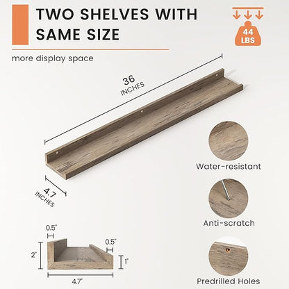 Picture Ledge Shelf, Floating Shelves Set of 2, 36 Inches Long Large Nursery Book Shelves for Toys Storage, Kids Bookshelf Wall Mounted for Living Room Bedroom Decor Books Photo Frames, Grey
