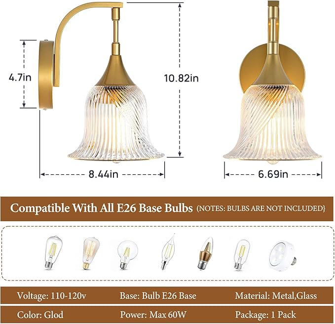 1-Light Gold Wall Sconce,Bathroom Sconces Brass Modern Wall Light Fixture with Clear Glass Shade,Indoor Wall Lamp for Living Room Bedroom Bathroom Hallway(E26)