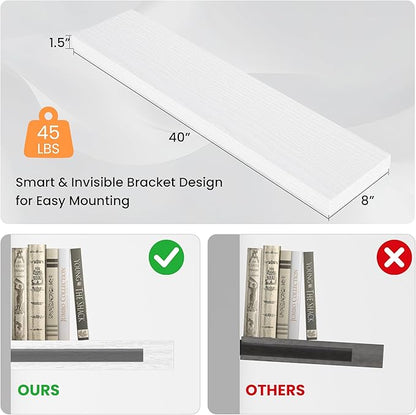 40 Inch Floating Shelves for Wall, Wooden Wall Mounted Display Shelves with Invisible Brackets for Living Room, Bedroom, Bathroom, Kitchen Decor and Storage, Set of 2, White