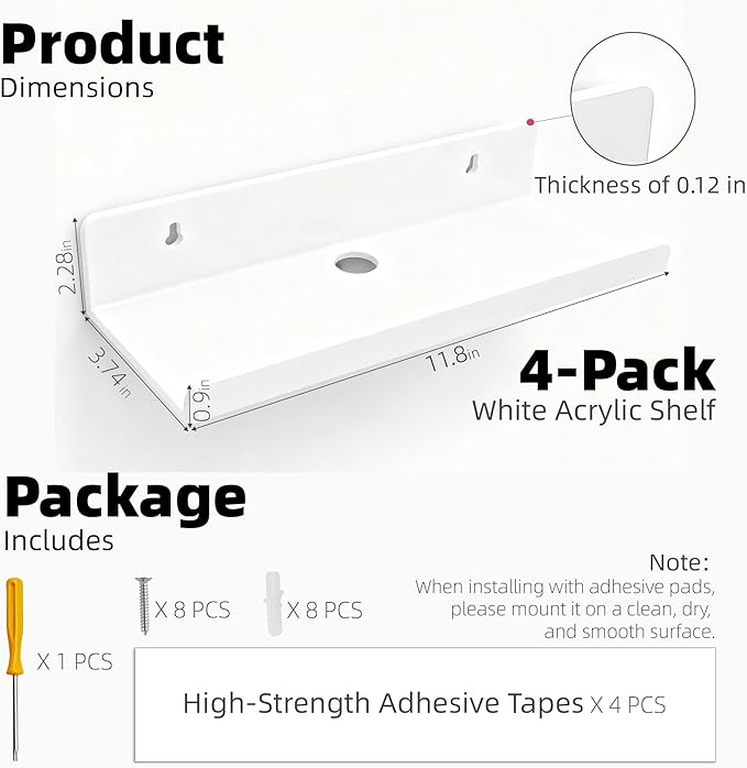 Acrylic Floating Shelves, Adhesive Wall Mount Command Shelves for Bathroom, Kitchen, Dorm - Renter-Friendly Easy Install Wall Shelves for Home Decor and Organization (Glossy White-4 Pack)