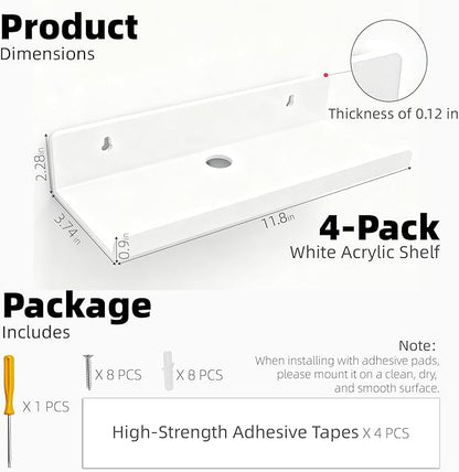 Acrylic Floating Shelves, Adhesive Wall Mount Command Shelves for Bathroom, Kitchen, Dorm - Renter-Friendly Easy Install Wall Shelves for Home Decor and Organization (Glossy White-4 Pack)