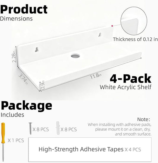 Acrylic Floating Shelves, Adhesive Wall Mount Command Shelves for Bathroom, Kitchen, Dorm - Renter-Friendly Easy Install Wall Shelves for Home Decor and Organization (Glossy White-4 Pack)