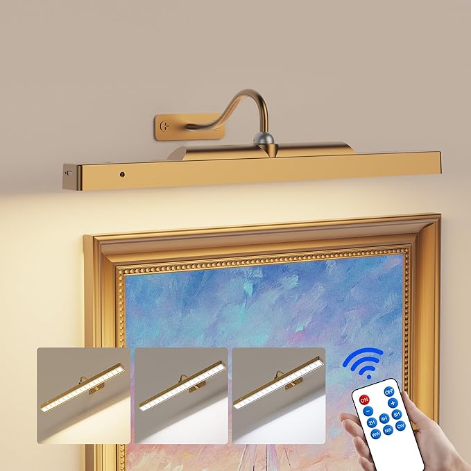 Picture Light Battery Rechargeable, 3Pack Picture Light for Wall with Remote, 3 Color Modes and Dimmable Classic Art Lights for Paintings, Pictures in Gallery, Bedroom, with Timer_Antique Gold