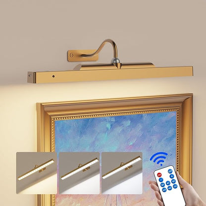 Picture Light Battery Rechargeable, 3Pack Picture Light for Wall with Remote, 3 Color Modes and Dimmable Classic Art Lights for Paintings, Pictures in Gallery, Bedroom, with Timer_Antique Gold