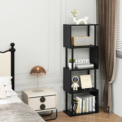 IBUYKE 5-Tier Tall Bookshelf,S-Shaped Geometric Bookcase, Wood Display Shelves with Storage,Modern Bookshelf for Living Room Bedroom, Home Office, Black WBC015B