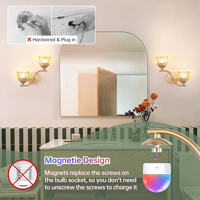 Battery Operated Wall Sconce, 2-Lights Vinatge Brass Wall Lighting with Amber Tluip Shade Rechargeable Bulb with Remote for Living Room, Bedroom，Symmetrical 2 Pack