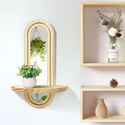 Wooden Wall Floating Shelves, 2PC Boho Arched Wall Shelf,Decorative Mounted Display Shelf with Acrylic Frameless Mirror, Nature Wood Shelves for Home Holding Planter Decoration