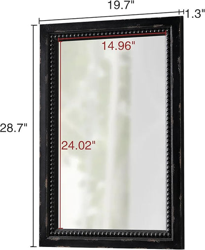 Rustic Black Mirror with Beaded Detailing 29 X 20 Inch, Wall Hanging Distressed Wood Frame Rectangular Gothic Wall-Mounted Mirrors for Living Room Bathroom Entryway, Horizontal or Vertical