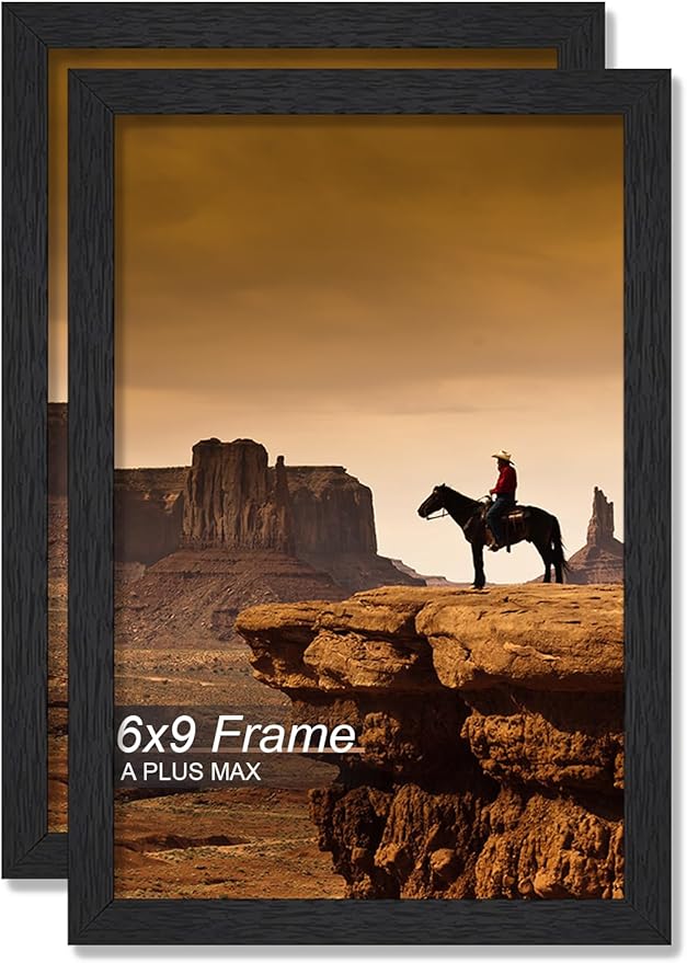 A PLUS MAX 6x9 Picture Frame Set of 2, Black Engineered Wood Frame for 6 x 9 Inch Picture Poster Photo, Light Weight 6 by 9 Frame with Wood-grain for Wall - 2 Pack/Black/6"x9"